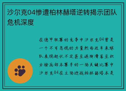 沙尔克04惨遭柏林赫塔逆转揭示团队危机深度